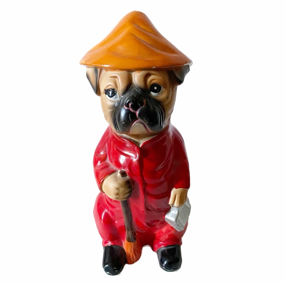 Vintage Bank, Norleans Asian Pug Figurine Bank in Red and Orange Attire